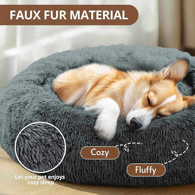 JOLLYVOGUE Calming Dog Bed Large Size Dog, Anti-Anxiety Donut Large Pet Bed, 36 inches Fluffy Faux Fur Round Cat Bed, Fits up to 75 lbs Pets (Navy Grey)