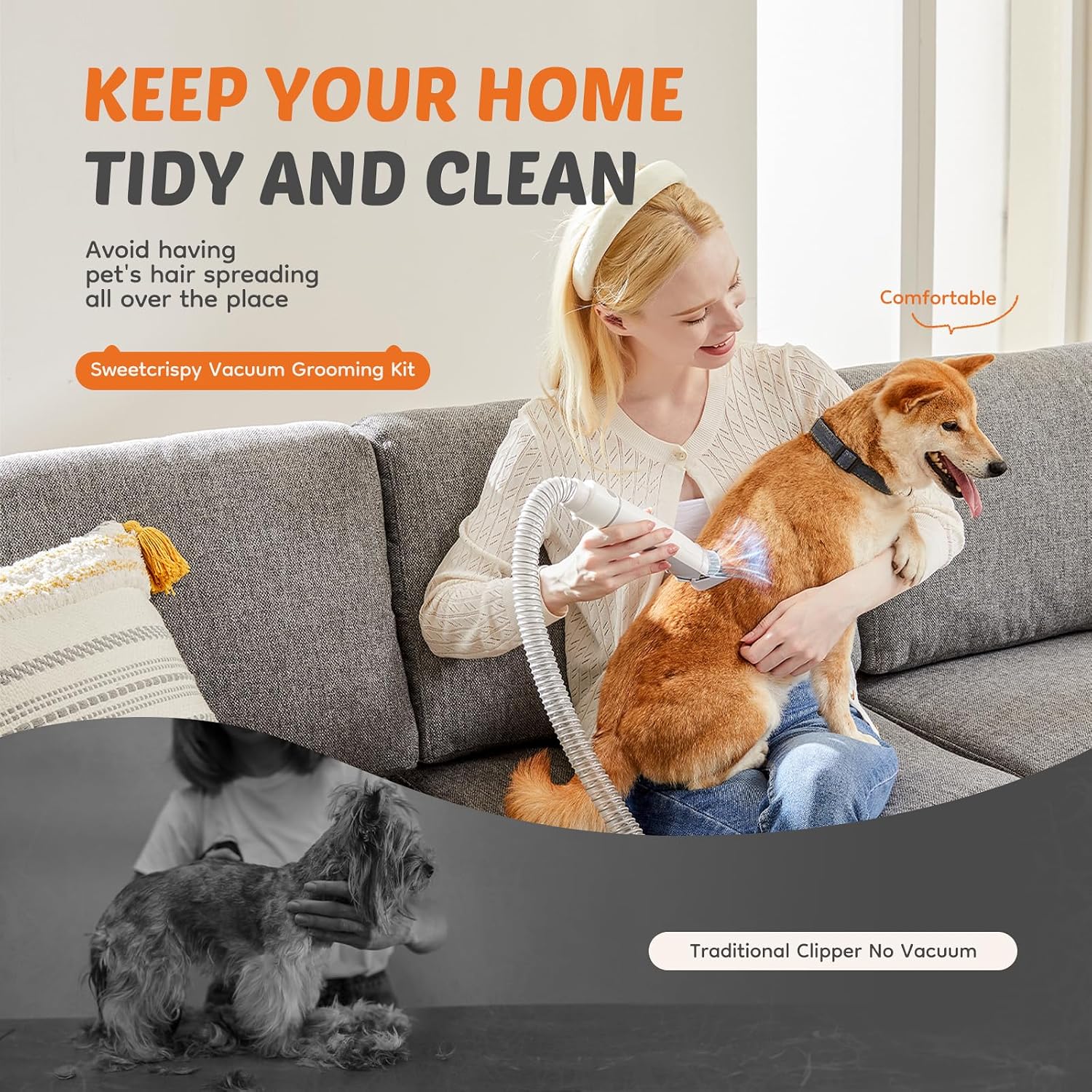 DUMOS Pet Grooming Vacuum Kit, 3 Adjustable Suction Modes | Dog Hair Clipper, 5 Professional Grooming Tools with Low Noise Cat Hair Clippers, 2.5L, Ivory