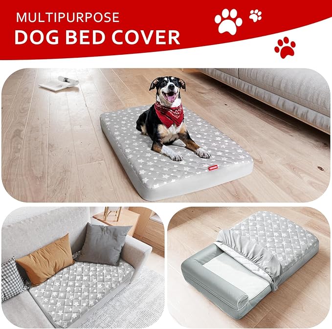 Waterproof Dog Bed Covers Replacement Washable Pet Hair Easy to Remove, Noiseless Quilted Puppy Pet Bed Cover Lovely Grey Star Print 30x20 Inches, for Dog/Cat, Cover Only