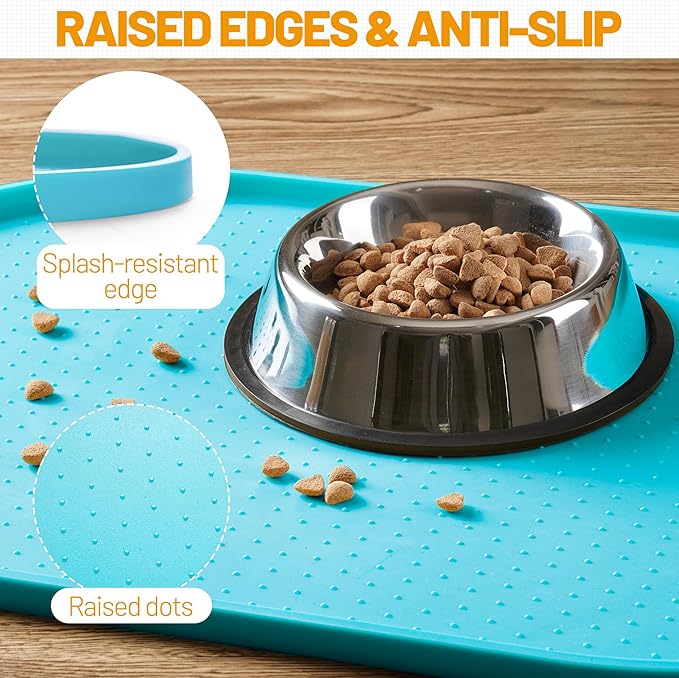 Hubulk 100% Waterproof Silicone Pet Feeding Mat with Raised Edge for Food and Water, Dog Bowl Mats, Cat Bowls Placemat with High Lip Protects Floor for Cats and Dogs (Teal, 24" L x 16" W)