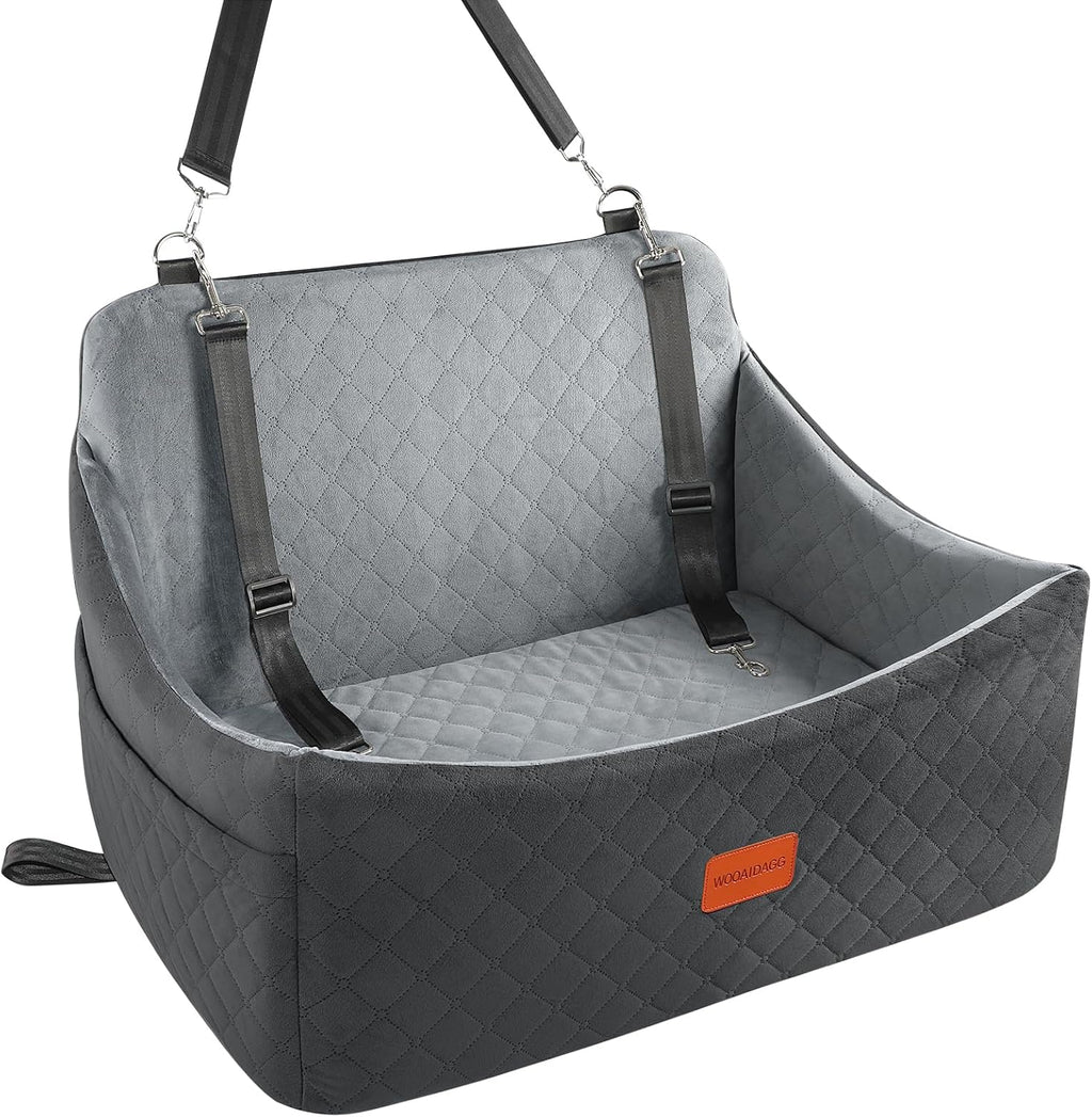 Wooaidagg Dog Car Seat for Medium & Large Dogs Up to 55lbs, Memory Foam Cushion, Washable Cover, Safety Straps & Non-Slip Base(Black/Grey,Large)