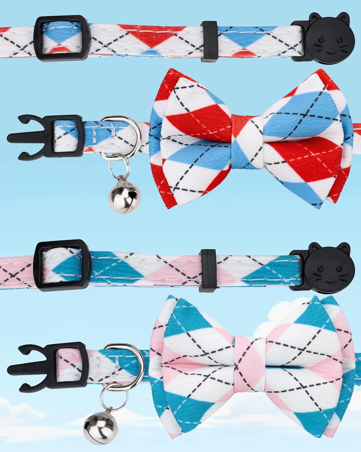 Cat Collar with Bow Tie 2pcs Set Bell Boy Girl Kitten Safety Plaid Grid Checkered Solid Color Suede Velvet Cute Soft Gift C-[2pcs] Argyle