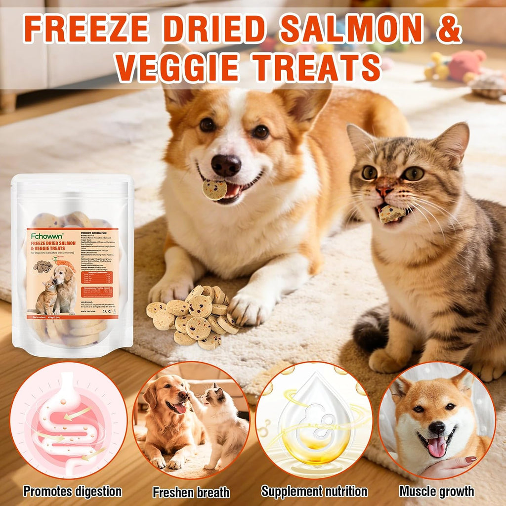 100g/3.52oz Dehydrated Salmon&Veggie Treats for Cats and Dogs,Includes Pumpkin,Purple Potato and Carrot,All Natural and Delicious Snack Bites for Pets,Perfect for Training and Rewarding