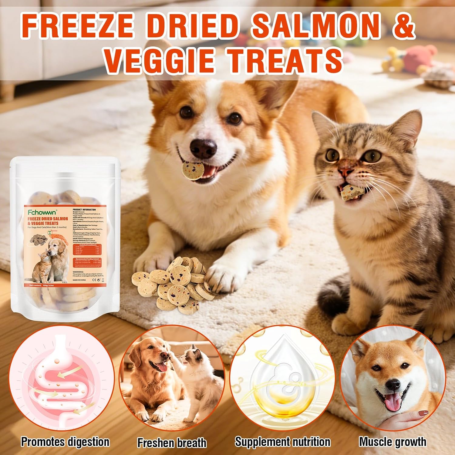 100g/3.52oz Dehydrated Salmon&Veggie Treats for Cats and Dogs,Includes Pumpkin,Purple Potato and Carrot,All Natural and Delicious Snack Bites for Pets,Perfect for Training and Rewarding