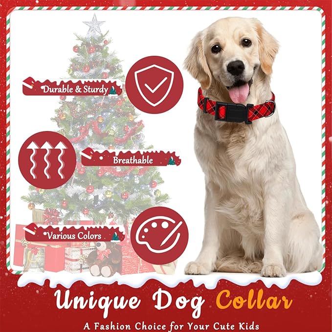 Christmas Dog Collar, Classical Puppy Collar for Small Medium Large Dogs, Adjustable Soft Plaid Pet Collar with Safety Buckle for Male Females (Red Plaid, L)