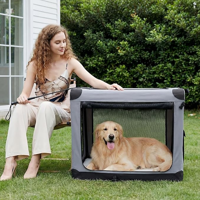 Dog Travel Crate 36 Inch, Portable Soft-Sided Travel Carriers for Dogs and Cats, Foldable Pet Kennel with 3-Doors Mesh Windows Indoor & Outdoor, Grey