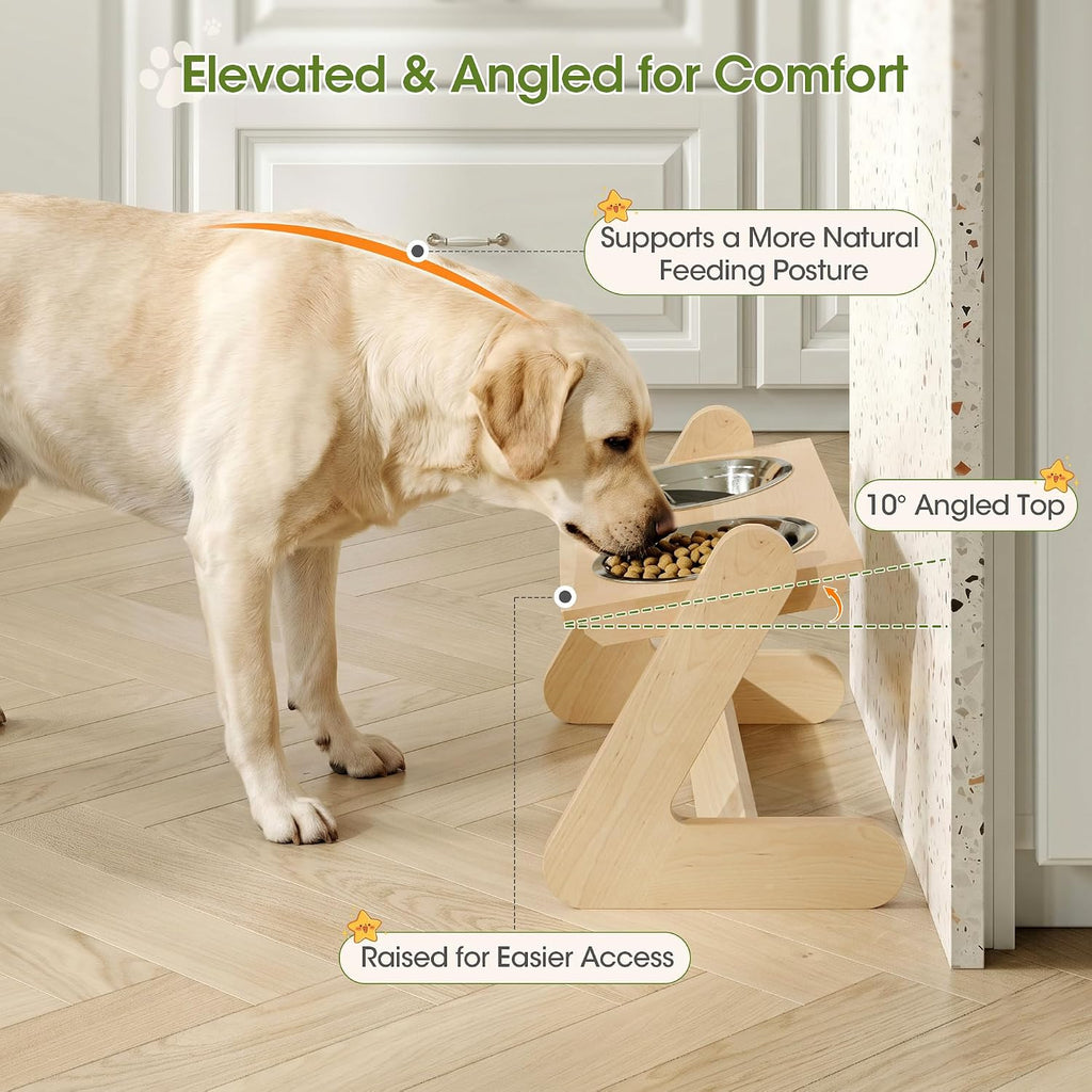 Solid Birch Wood Elevated Dog Bowl Stand for Large & Medium Dogs | Raised Dog Bowl Stand, 3 Heights, 10° Angled Top, Water-Resistant Finish, 2 Stainless Bowls, 8" Openings