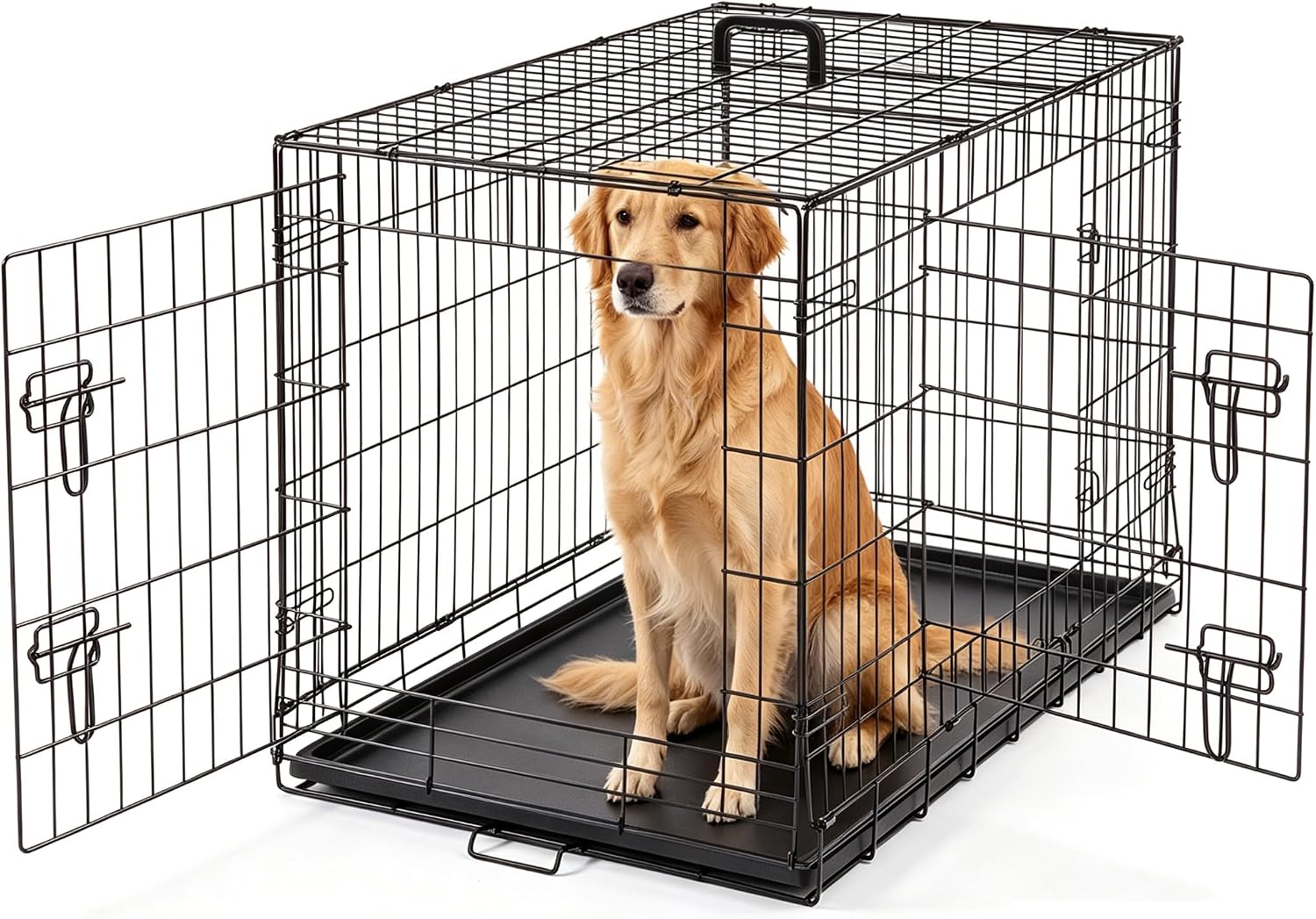 DUMOS 36 Inch Dog Crate, Foldable Small Medium Dog Cage Pet Kennel | Double Door Metal Wire, Plastic Leak-Proof Pan Tray, Portable Indoor Outdoor Training Travel