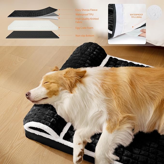 Orthopedic XL Dog Bed Large Sized Dog with Pillow 42''X28'', Waterproof Soft Comfortable Egg Crate Foam Pet Crate Beds Mat with Removable Washable Cover and Non-Slip Bottom, Black