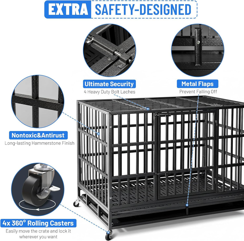 NUGRIART 48 Inch Heavy Duty Indestructible Dog Crate, XL Steel Escape-Proof Kennel for Large Dogs, Double Door Design with 4 Locking Wheels & Reinforced Baseplate, Ideal for High-Anxiety Dogs