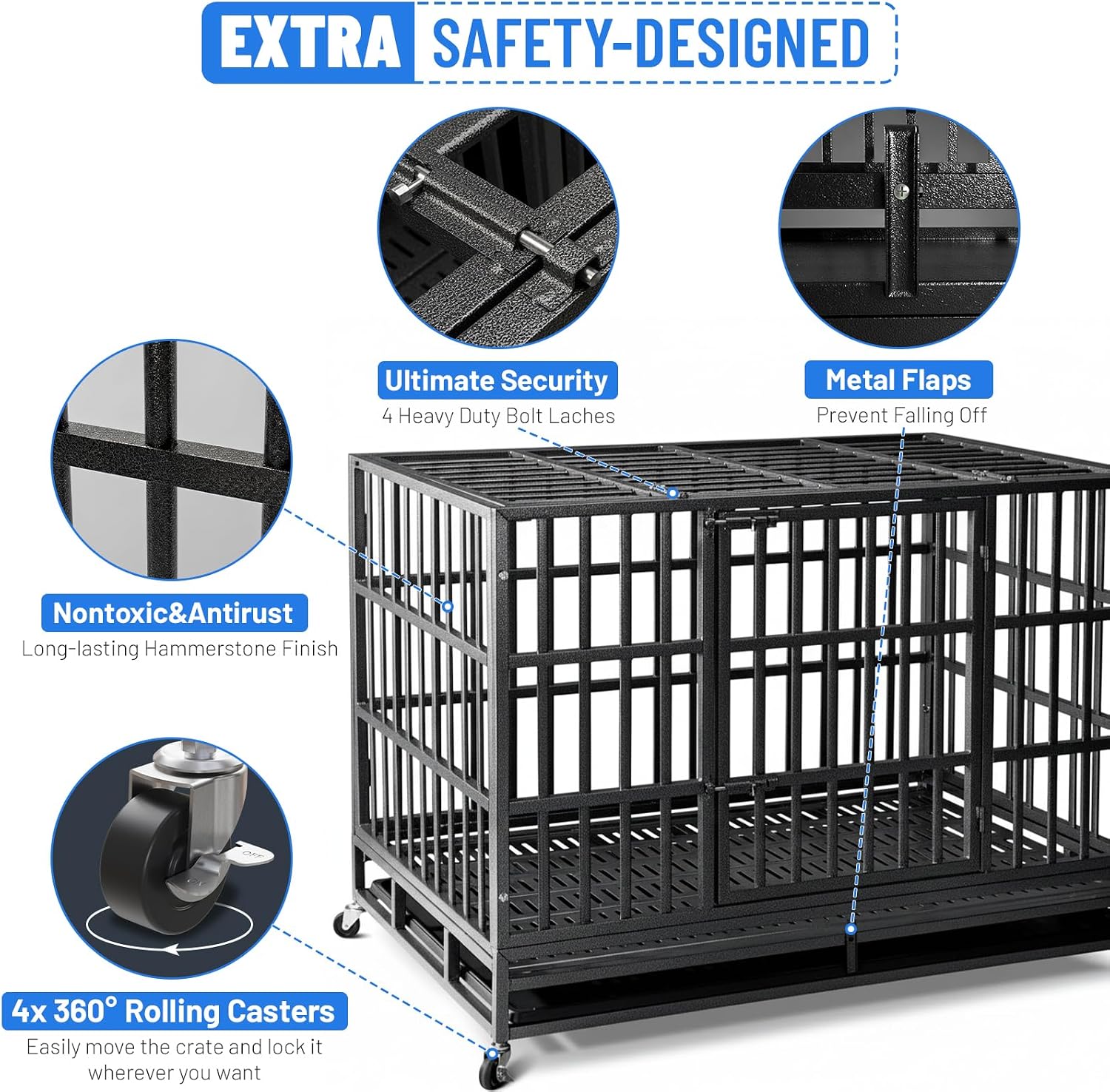 NUGRIART 48 Inch Heavy Duty Indestructible Dog Crate, XL Steel Escape-Proof Kennel for Large Dogs, Double Door Design with 4 Locking Wheels & Reinforced Baseplate, Ideal for High-Anxiety Dogs