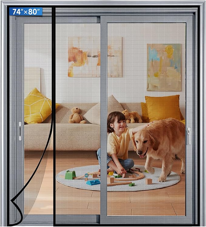 Magnetic Screen Door Mesh Left Right Side Opening Upgraded PET Material Mesh Stronger Than Fiberglass and Polyester,Keep Bugs Out,Pet & Kid Friendly Fit Door Size 74"X80",Screen Size 76''X82''