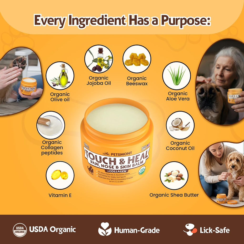 Touch & Heal Organic Paw Balm for Dogs 2oz - Cream Lotion Protection Moisturizer Nose Natural Soother Hot Pavement Wax Dry Paws Cracked Butter Protectors Pad Snout Puppy Elbow Foot Pet