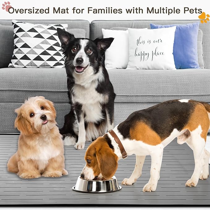 Largest Dog Food Mat, 39.5"x29.5" Silicone Dog and Cat Mat for Food and Water Bowls, Thinken Waterproof Non-Slip XXXL Pet Feeding Mat for Floors (Grayish White)