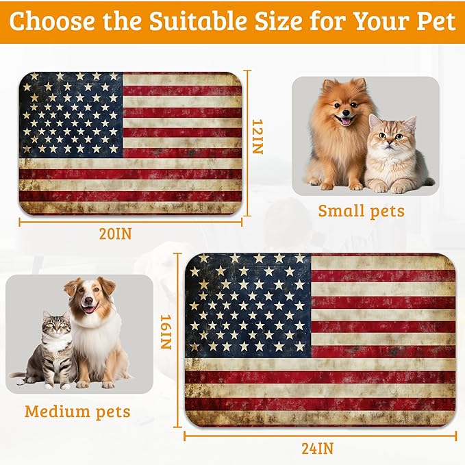 Retro Flag Dog Cat Food Mat,Absorbent Waterproof Placemat for Food and Water Non Slip Rubber Backing Durable Feeding Pad for Clean Floors 12" x 20"
