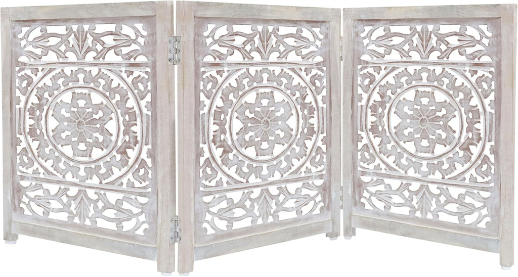 Croft&Cane Wooden Foldable Pet Dog Gate - Hand Carved 3-Panel 60 W x 24 H | Suzani White Wash Freestanding Portable Puppy Dog Fence - Solid Wood & MDF Indoor Doorway Hallway Stairs Safety Barrier