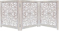 Croft&Cane Wooden Foldable Pet Dog Gate - Hand Carved 3-Panel 60 W x 24 H | Suzani White Wash Freestanding Portable Puppy Dog Fence - Solid Wood & MDF Indoor Doorway Hallway Stairs Safety Barrier