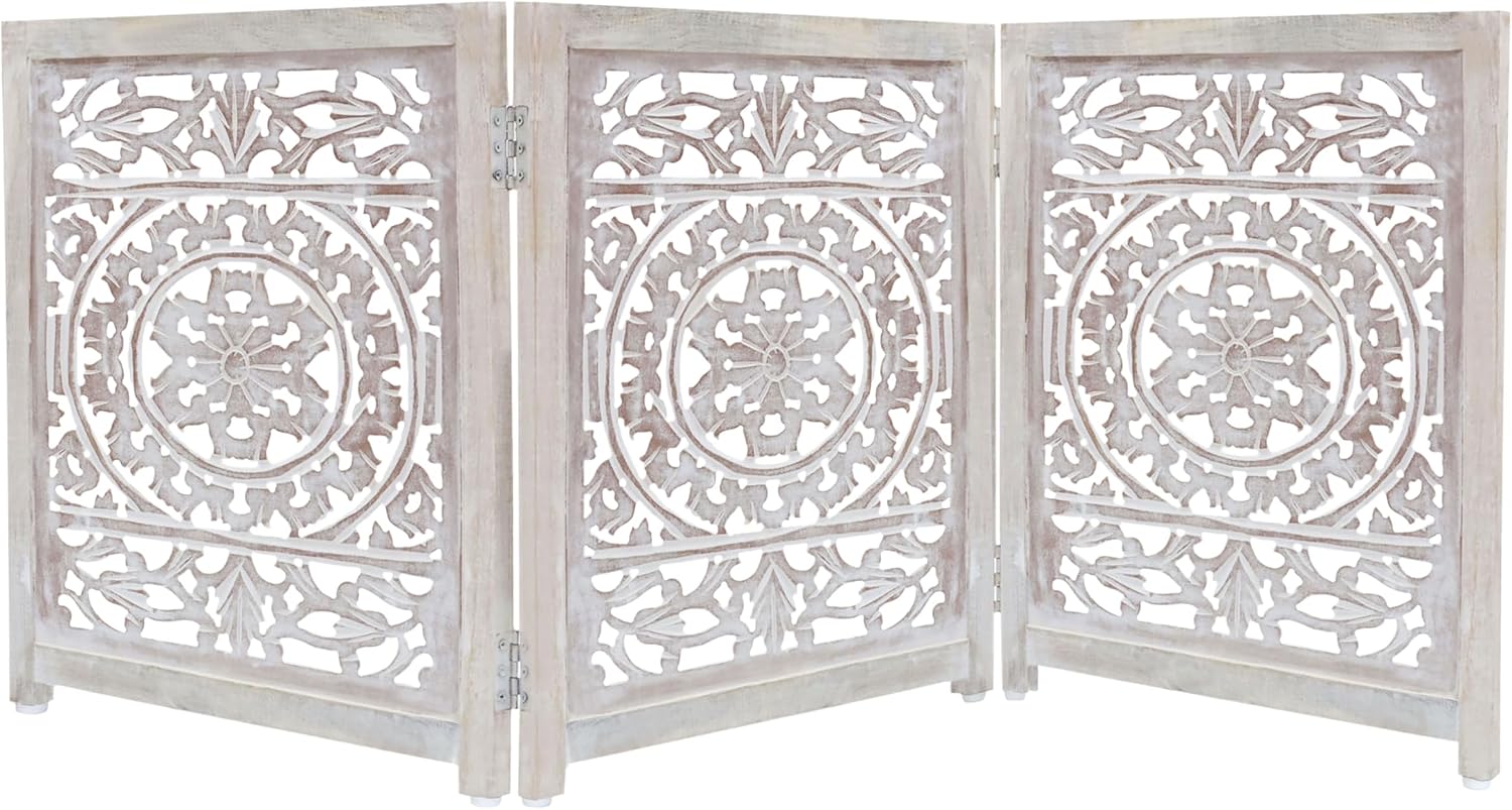 Croft&Cane Wooden Foldable Pet Dog Gate - Hand Carved 3-Panel 60 W x 24 H | Suzani White Wash Freestanding Portable Puppy Dog Fence - Solid Wood & MDF Indoor Doorway Hallway Stairs Safety Barrier