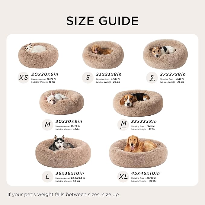 Bedsure Calming Dog Bed for Small Medium Dogs - Donut Washable Medium Pet Bed, 27 inches Anti-Slip Round Fluffy Plush Faux Fur Cat Bed, Ivory Beige