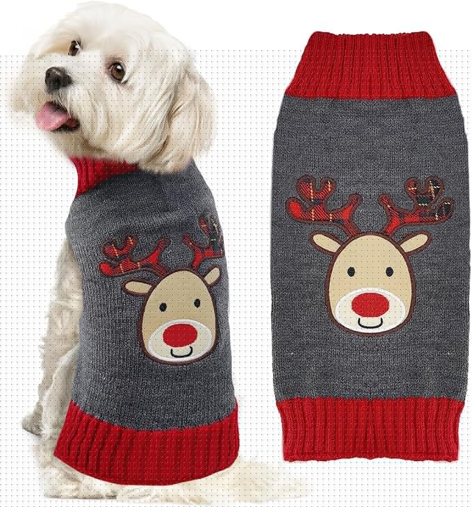 Dog Christmas Sweater Xmas Pet Clothes Cute Gray Reindeer Holiday Puppy Cat Costume New Year Gifts for Small Medium Large Dogs Jumpers (S, Gray Reindeer)