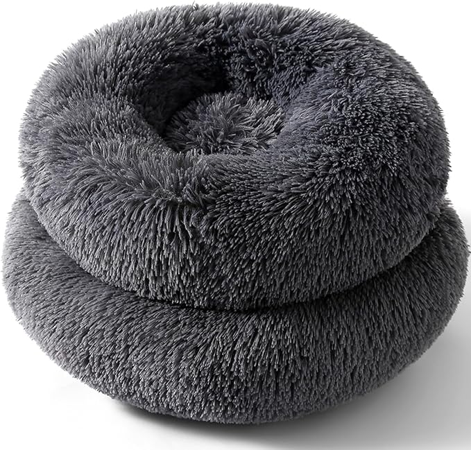 Calming Donut Cat Bed Dog Bed Round Plush Pet Cushion Fluffy Rabbit Cave Warm Dog Couch Non Slip Bottom for Pets Up to 10KG