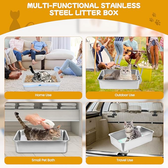 23.6''x15.7''x8'' Stainless Steel Sifting Litter Box, XXL Large Metal Sifting Cat Litter Box for Pine Pellets, Litter Pan Tray System for Indoor Cats with Scoop and Pee Pad, Easy to Clean(8 Inch)