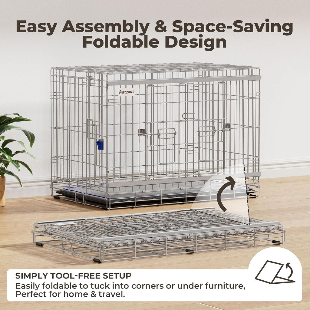 36 Inch Collapsible Dog Crate for Medium Dogs Heavy Duty Dog Kennel | Sliding Door, Double Door, with Soft Mat, Leak-Proof Tray, Easy Foldable & Assembly