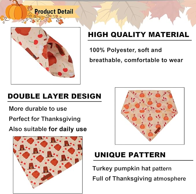 ADOGGYGO Thanksgiving Dog Bandanas 2 Pack, Reversible Turkey Pumpkin Pet Scarf Bib, Adjustable Fit Orange Thanksgiving Bandana for Extra Large Dogs (X-Large)