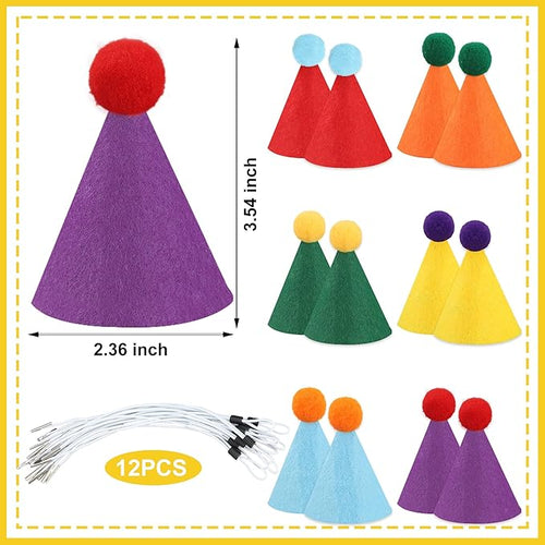 12 PCS Mini Party Hats for Stuffed Animals Birthday Felt Cone Hat with Pompom Adjustable Pets Birthday Party Hats for Assorted Animal Dog Cat Rabbit Puppies Costume Accessories Decor
