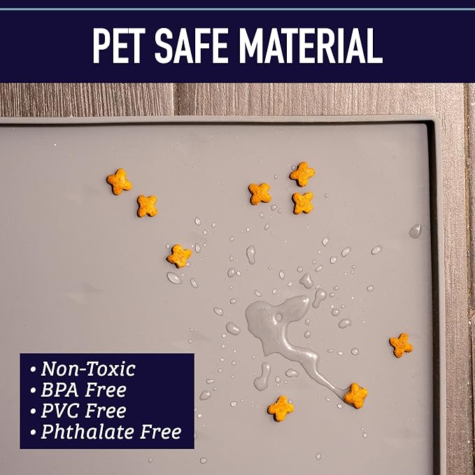 Leash Boss Silicone Pet Bowl Mat - Non-Slip Surface Secures Dog Food Tray - Raised Edge Spill Guard Cat Water Mat - Dishwasher-Safe Silicone Tray for Dog Food & Water - XL 25 x 17 in, Beige