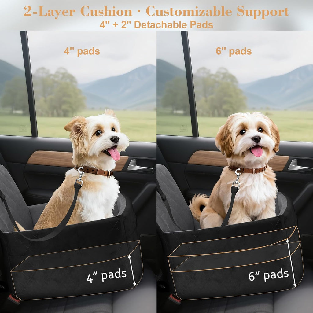 Dog Car Seat for Small/Medium Dogs,Pet Dog Booster Car Seat Puppy 15-35 lbs with Soft 4+2in Detachable Pads Detachable Elevated Cushion and Washable Cover Safety Belt Storage Pockets Easy to Install