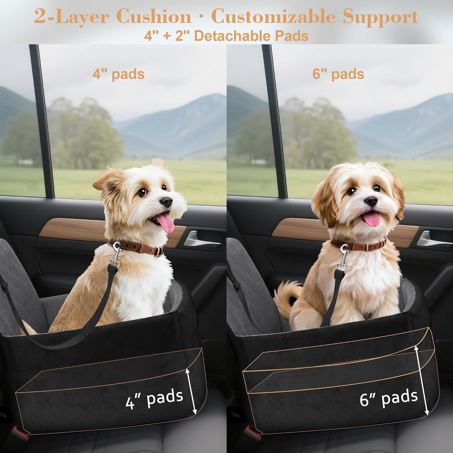 Dog Car Seat for Small/Medium Dogs,Pet Dog Booster Car Seat Puppy 15-35 lbs with Soft 4+2in Detachable Pads Detachable Elevated Cushion and Washable Cover Safety Belt Storage Pockets Easy to Install
