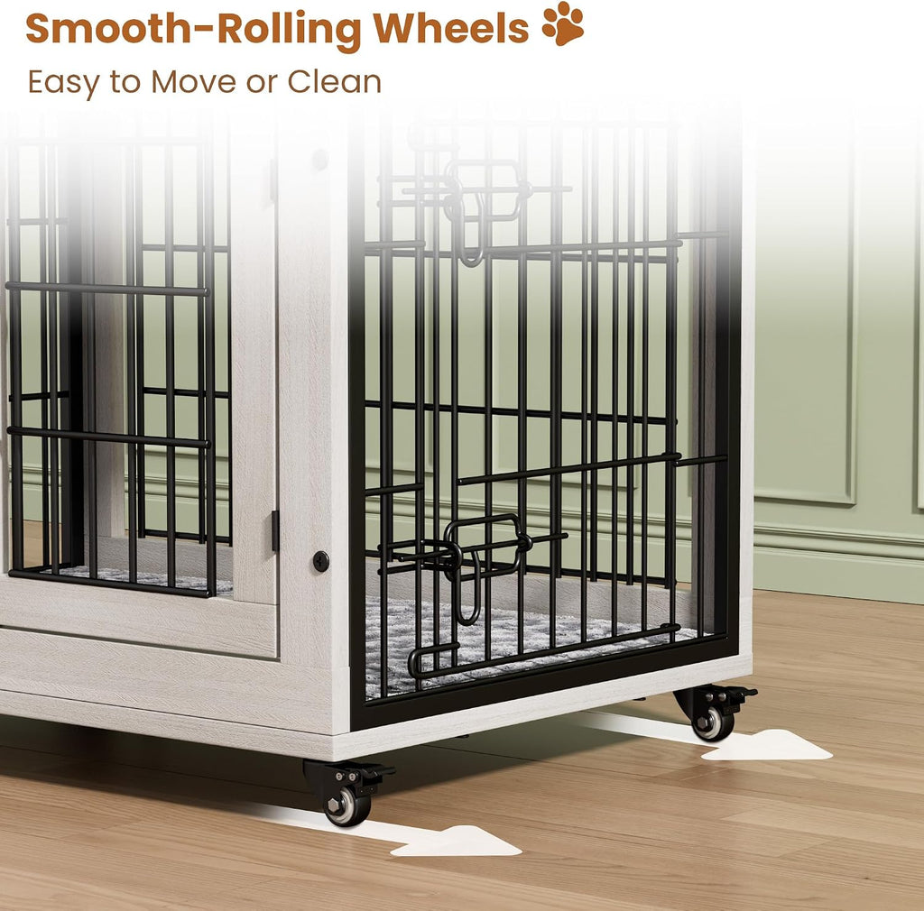 Medium Dog Crate Furniture, 32'' Heavy Duty Kennel w/Cushion & Wheels | White, Double Doors, Wooden Dog Cage, Chew-Resistant, End Table, Decorative, 27"/32"/38"/44" Options, Indoor