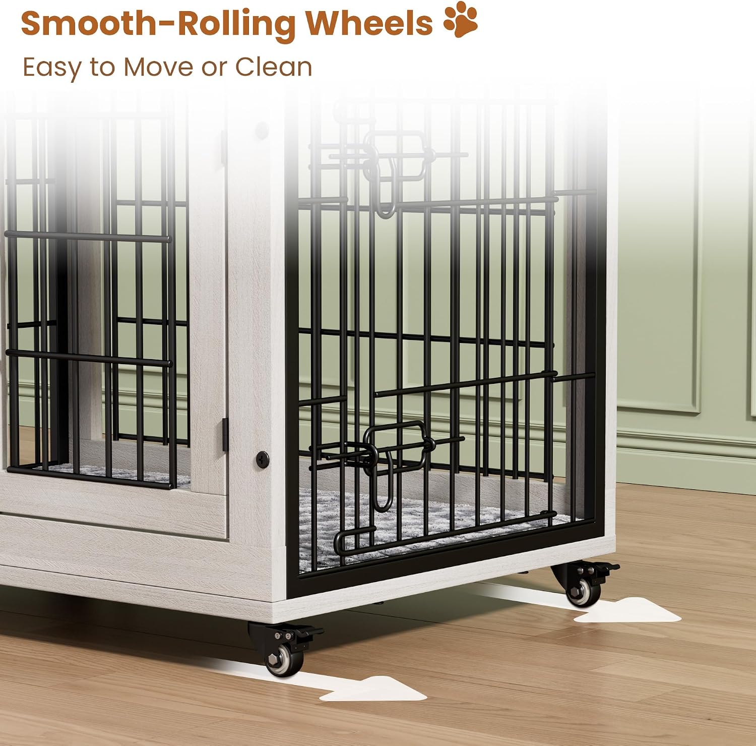Medium Dog Crate Furniture, 32'' Heavy Duty Kennel w/Cushion & Wheels | White, Double Doors, Wooden Dog Cage, Chew-Resistant, End Table, Decorative, 27"/32"/38"/44" Options, Indoor