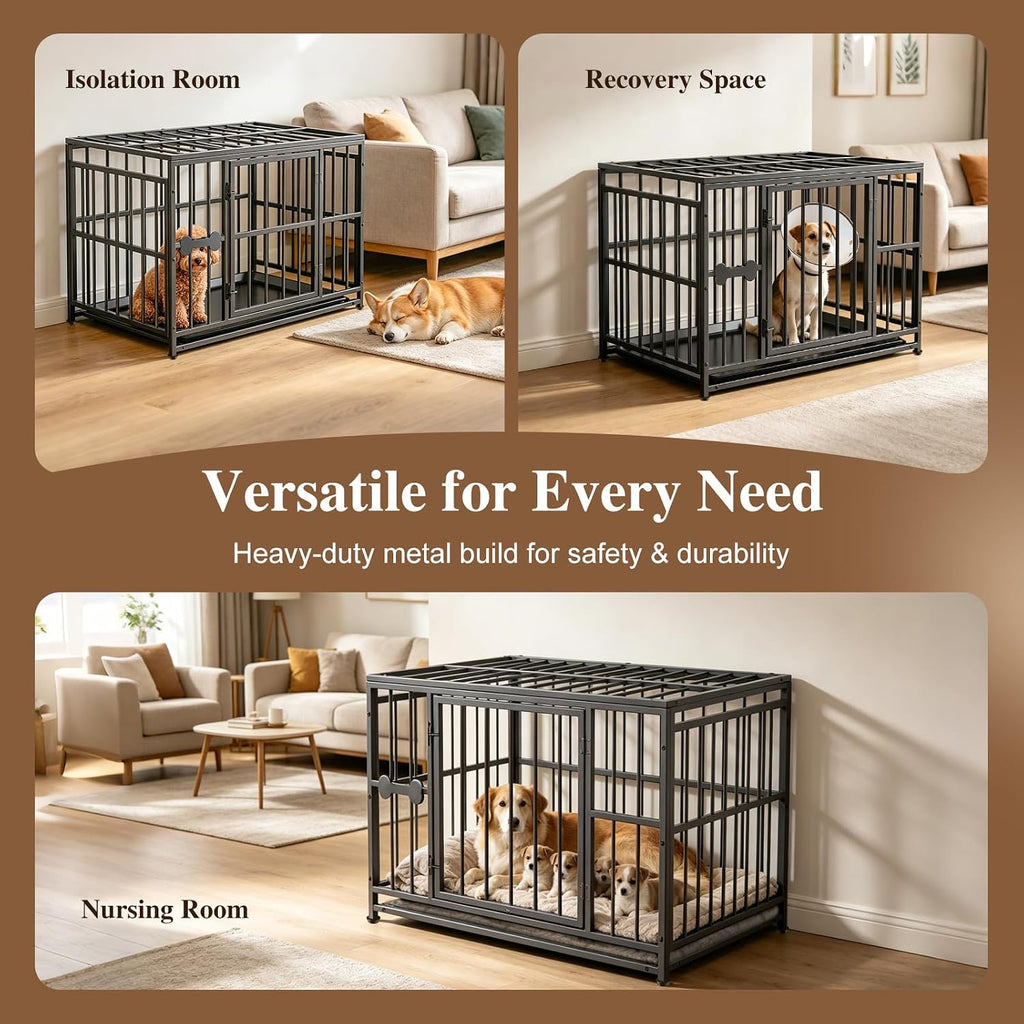 Pawaboo 38 Inch Heavy Duty Dog Crate, with Removable Tray, Escape Proof | Dog Kennel, 0.5 Inch Iron Tube Thickened Dogs Crate for Medium and Small Dogs, Easy to Clean, Black