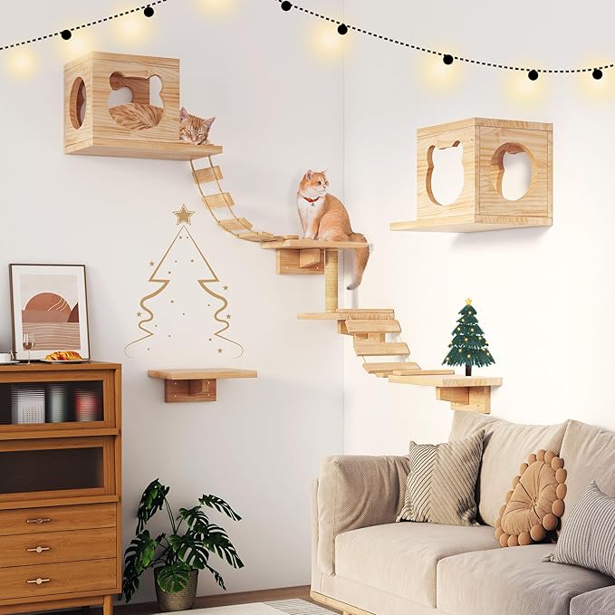 PETKABOO Cat Wall Shleves and Perches, Pine Wooden Cat Wall Furniture Climbing Shelves with Climber, Condo, Scratching Post, Ladder & Platform
