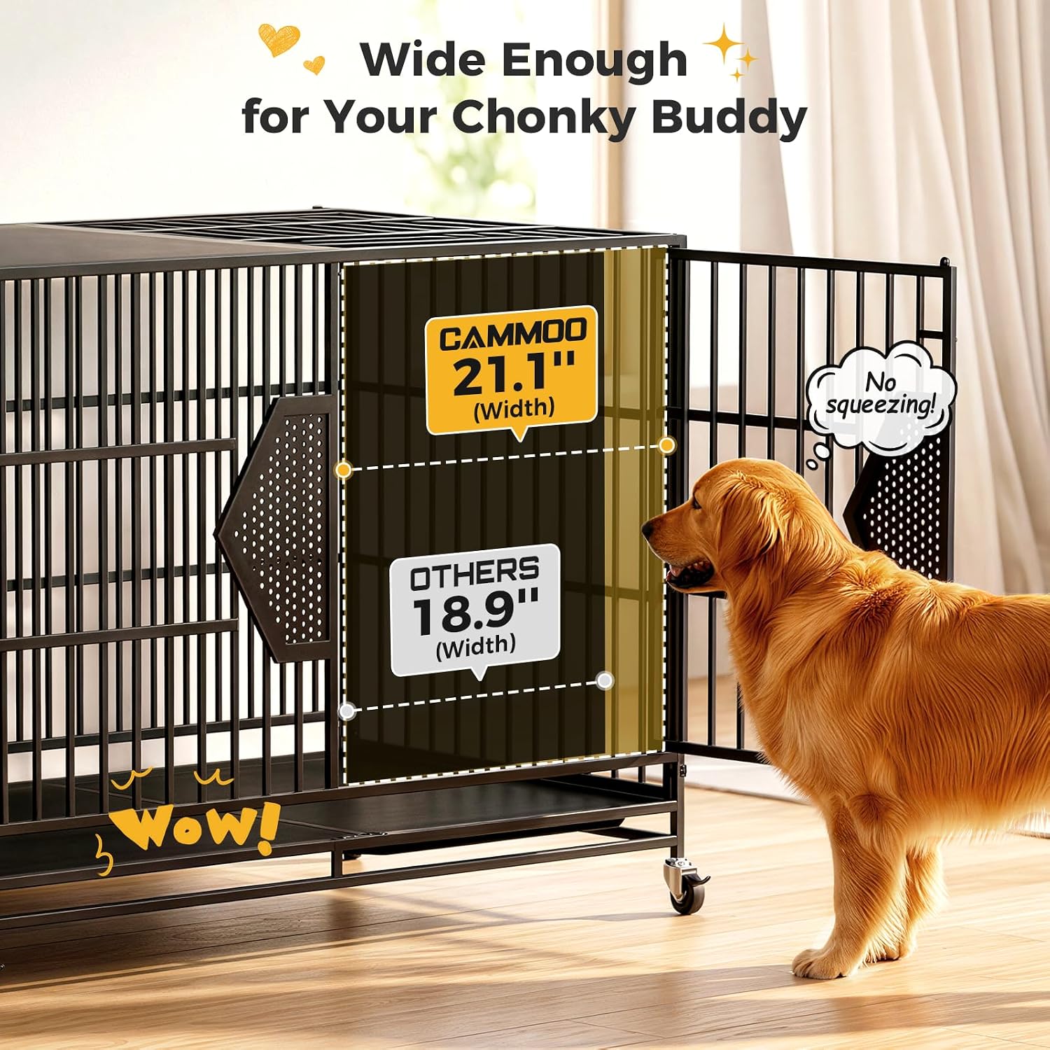 CAMMOO 48'' Heavy Duty Dog Crates for Large Dogs, Dog Kennel Indoor | For High Anxiety Dog, Escape-Proof Dual Top Fences, Reinforced Square Tube Frame, Easy-Clean Split Floor, Extra-Wide Door