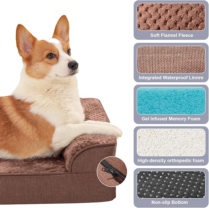 Orthopedic Dog Beds for Large Dogs, Memory Foam Dog Beds Large Sized Dogs, Washable Removable Cover, Nonskid Bottom, Waterproof, for Indoor, Outdoor, Crate ＆ Car Use, 36x27x6 Inches, Brown Grey