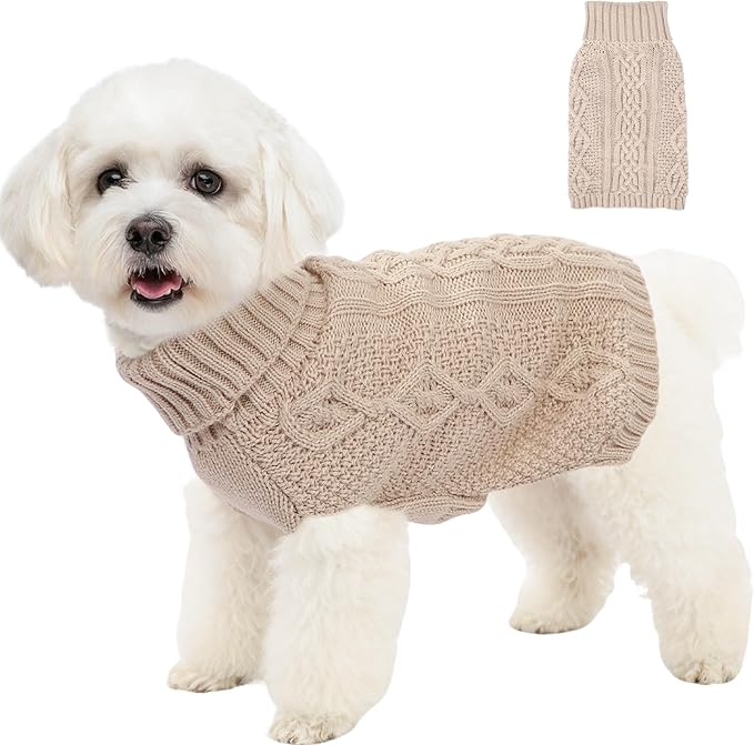 Dog Sweaters Small Dog Clothes Winter Turtleneck Puppy Sweater Warm Pet Cat Sweater Doggy Pullover Outfit with Twisted Design XS~XL(Beige, Large)