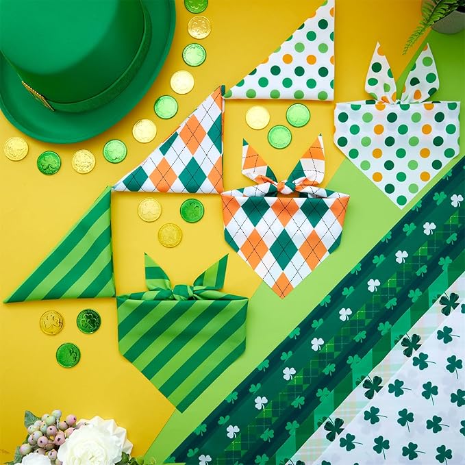 Weewooday 50 Pcs St Patricks Day Bandanas Bulk for Dogs Adjustable Irish Shamrocks Clover Green Plaid Triangle Soft Bibs Puppy Bandana for Small Medium Large Cat Pet Costume(25.6 x 17.7 x 17.7 Inch)
