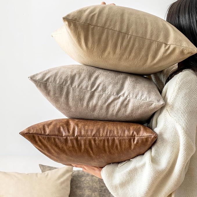 Faux Leather Throw Pillow Covers Decorative, Pack of 2 Thickened Rustic Farmhouse Cushion Cover, for Home Decor Outdoor Waterproof Pet Hair Resistant Pillow Covers 18x18 inch Olive Green