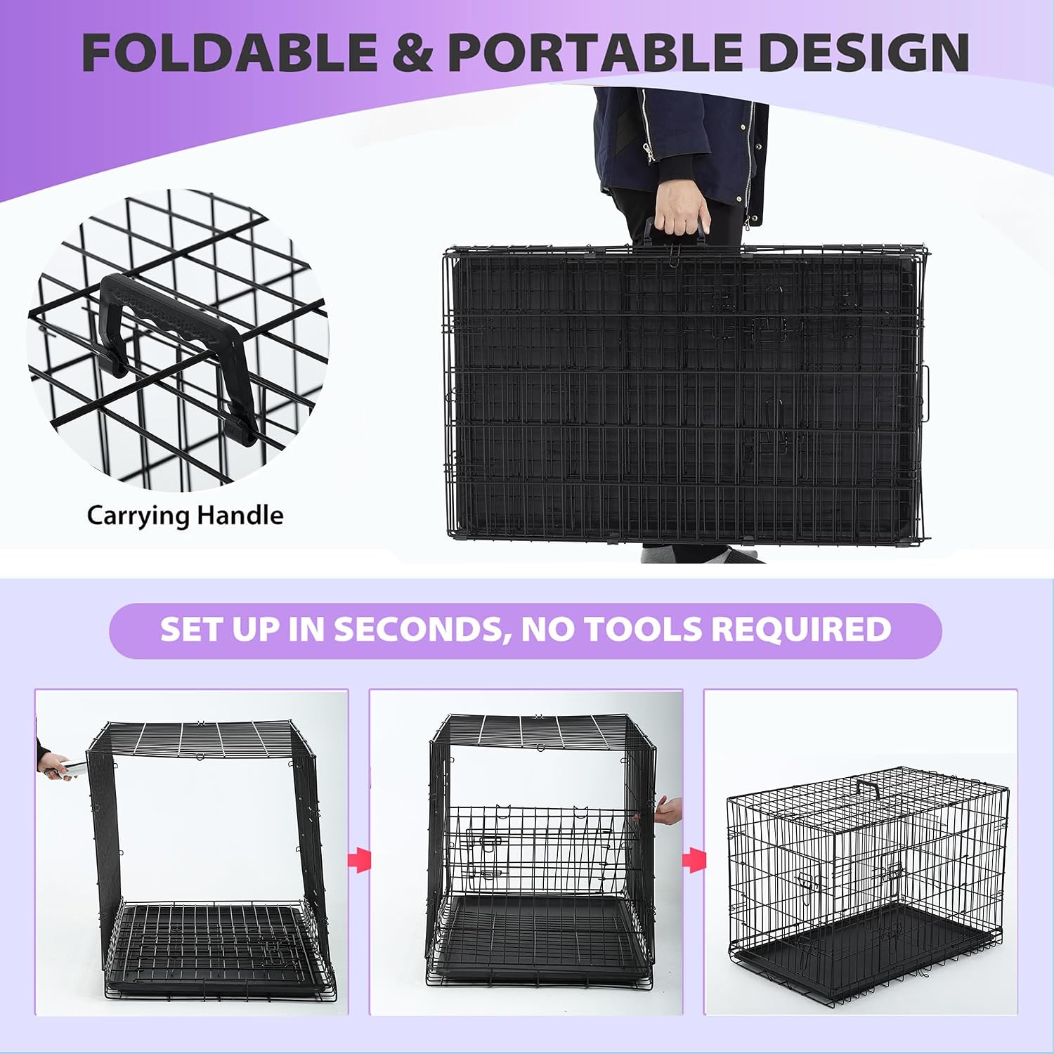 BestPet | Dog Crate | 48" | Black | Foldable Metal Kennel with Double Doors | Secure Slide-Bolt Latches, Leakproof Tray | Portable Dog Cage for Large Breeds | for Travel, Indoor & Outdoor Use