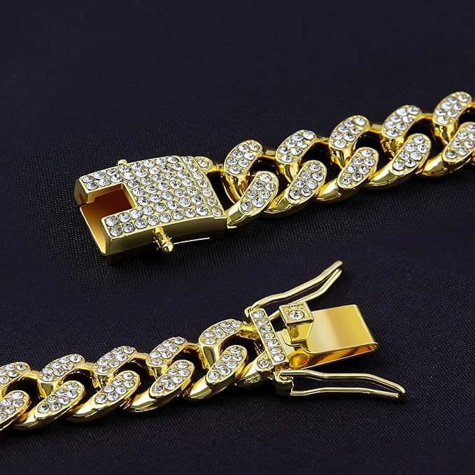 Luxury Cuban Link Dog Collar Gold Crystal Secure Buckle Metal Chain Necklace Jewelry for for Small Medium Large Dog Cats(Glod 8inch)