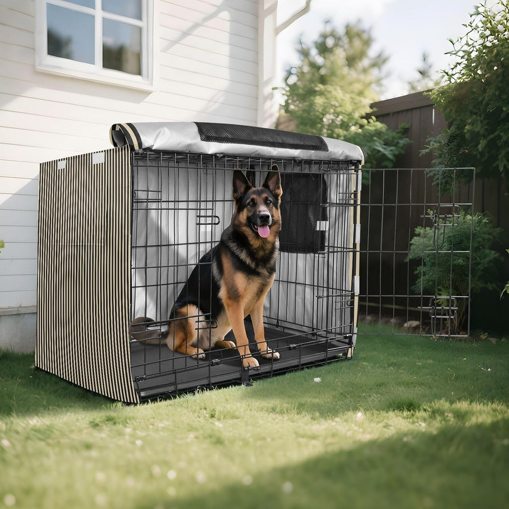 Beige Black Stripes Dog Crate Cover 42in Pet Kennel Cover | 600D Oxford Heavy Duty Kennel Covers, Breathable Mesh Window, Soundproof Waterproof Sunshade Universal Fit for Wire Cage