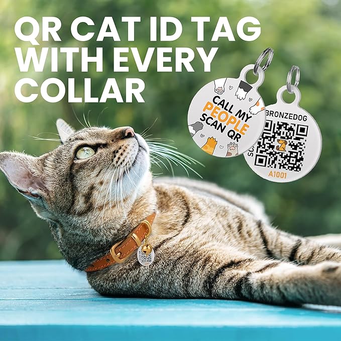 BRONZEDOG Leather Cat Collar with Removable Bells Non Breakaway Kitten QR Tag for Girl Boy (9" - 12" Cats/Mini Dogs, Pink & Gold)