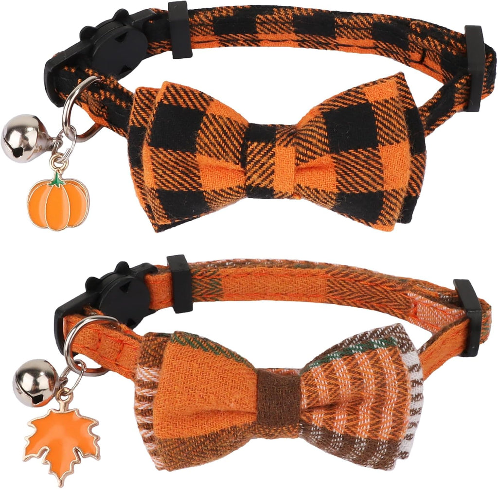 Fall Cat Collar Breakaway, Orange Plaid Thanksgiving Cat Bow Tie | Detachable Bowtie Bell, Cute Autumn Charm, Breakaway Buckle, Adjustable, For Cat Kitten, Fall Thanksgiving Holiday Party