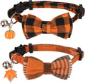 Fall Cat Collar Breakaway, Orange Plaid Thanksgiving Cat Bow Tie | Detachable Bowtie Bell, Cute Autumn Charm, Breakaway Buckle, Adjustable, For Cat Kitten, Fall Thanksgiving Holiday Party