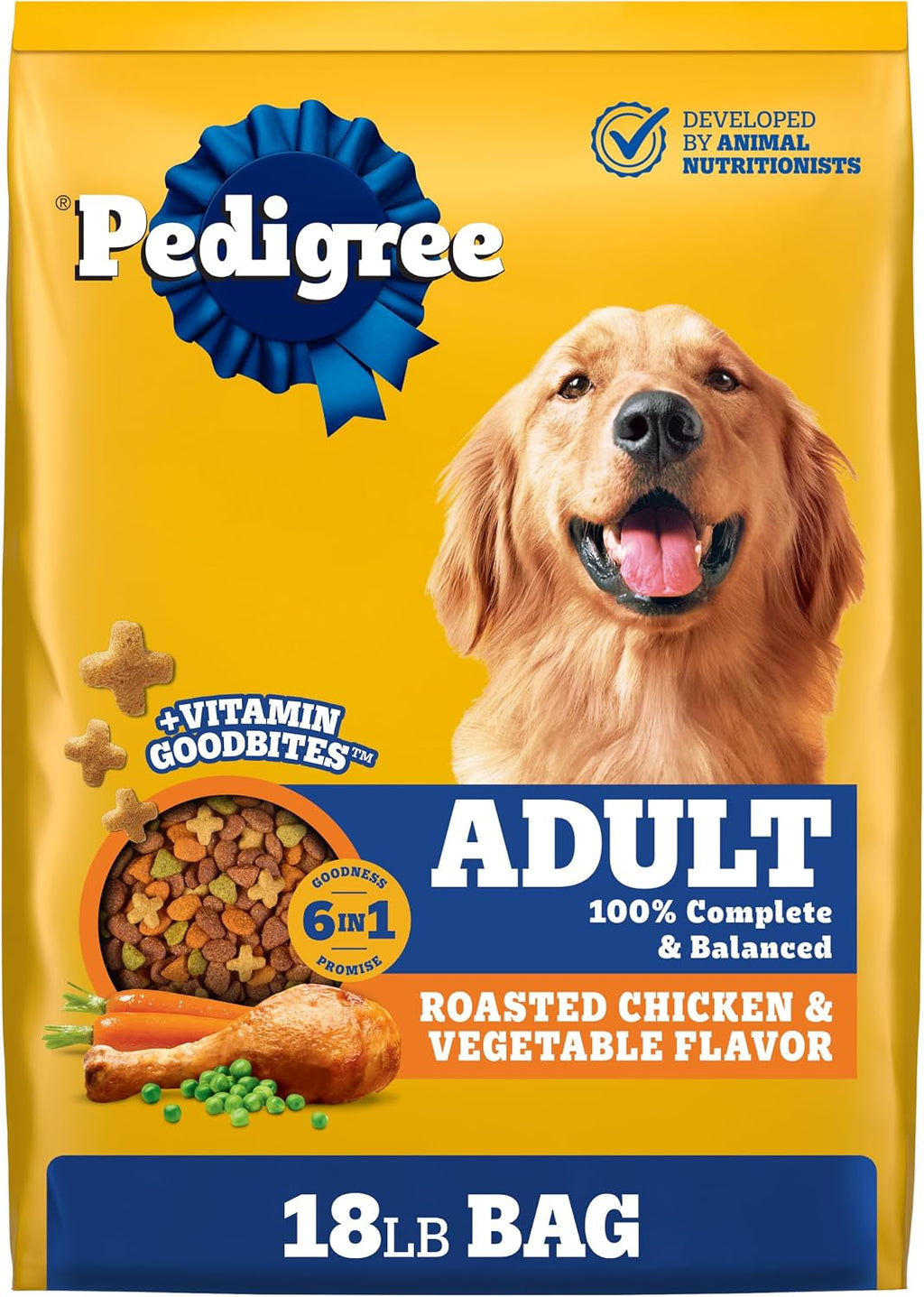 Pedigree Complete Nutrition Dry Dog Food, Chicken & Vegetable, 18 lb | Nutrient boost, prebiotic fibers, 36 vitamins & minerals, Omega 6 & Zinc, natural flavors, supports skin & coat