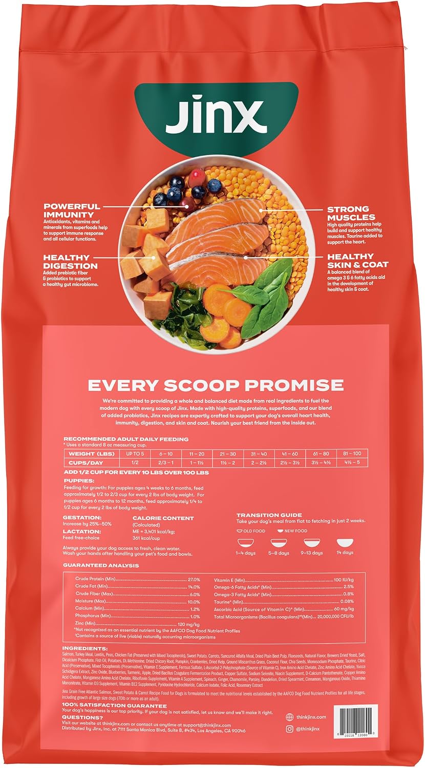 Jinx Grain Free Dry Dog Food - Real Salmon, Sweet Potato & Carrot, 30lb | Premium Kibble for Digestive Support & Healthy Immunity - No Fillers, All Lifestages (Puppy, Adult & Senior), Breeds & Sizes