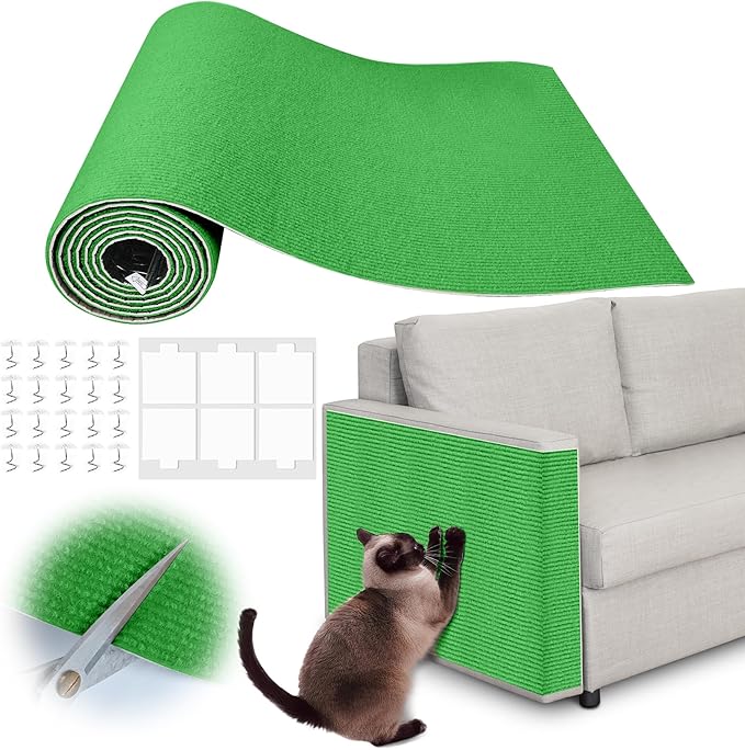 Cat Scratch Furniture Protector - 100" x 13.8" Trimmable Self-Adhesive Cats Claws Scratch Pads, DIY Cat Climbing Couch Protector for Scratch Post Cat Tree Replacement Indoor (Green)